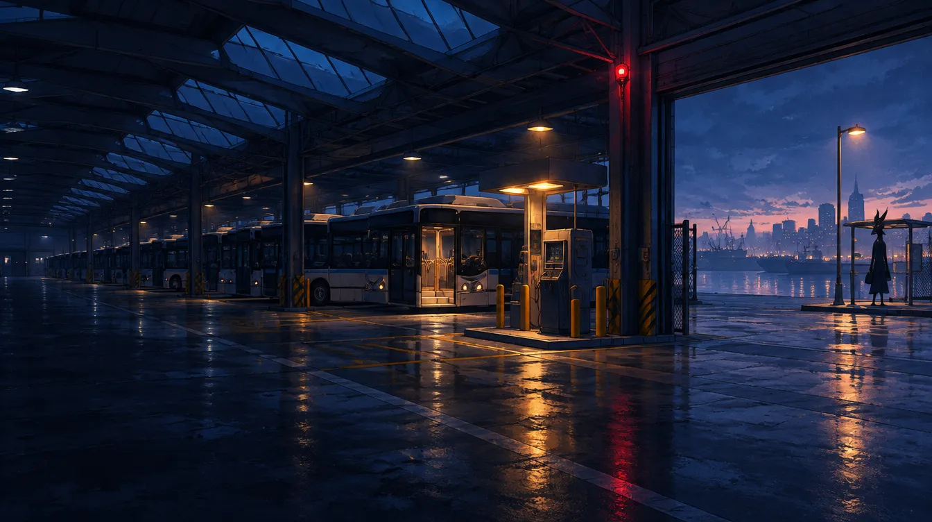 Depot Nine: garasi bus malam, satu bus dengan pintu terbuka dan kabin menyala.