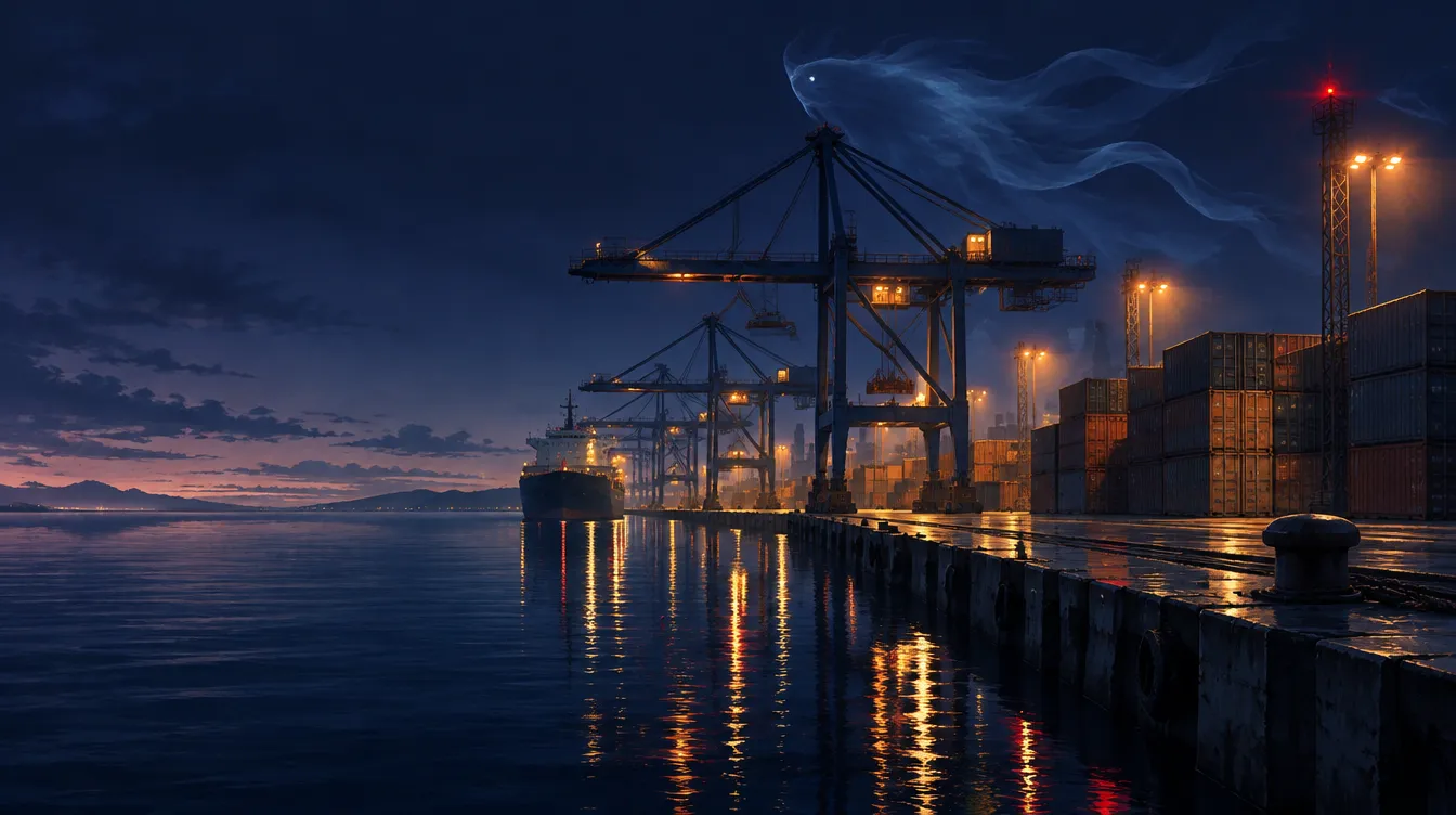 Harbor Row: tumpukan peti kemas dan derek di bawah lampu sorot, Lorn tipis seperti asap di atas derek.
