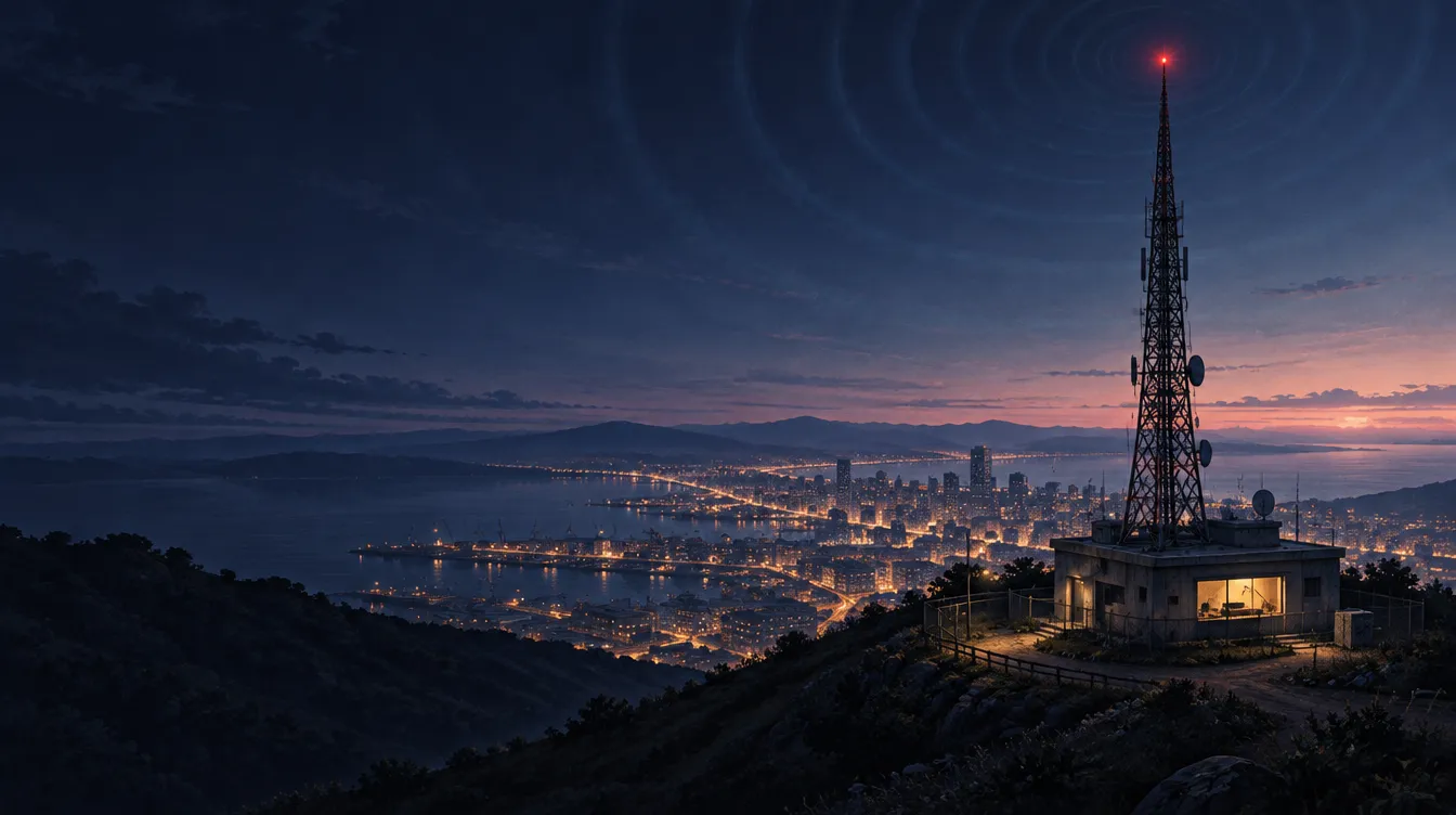 Signal Hill: menara pemancar di puncak bukit, kota di bawahnya, cakrawala mulai merona fajar.